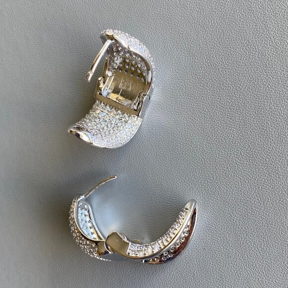 Pave Cubic Zirconia Huggies Style Silver Tone Earrings - Picture 3 of 10